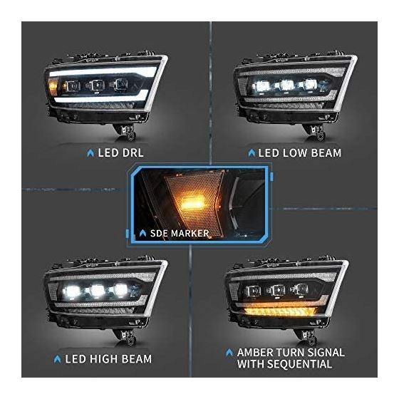 VLAND LED Matrix Projector Headlights Fit For Dodge Ram 1500 2019-2021(NOT FOR 1500 Classic,1500 TRX